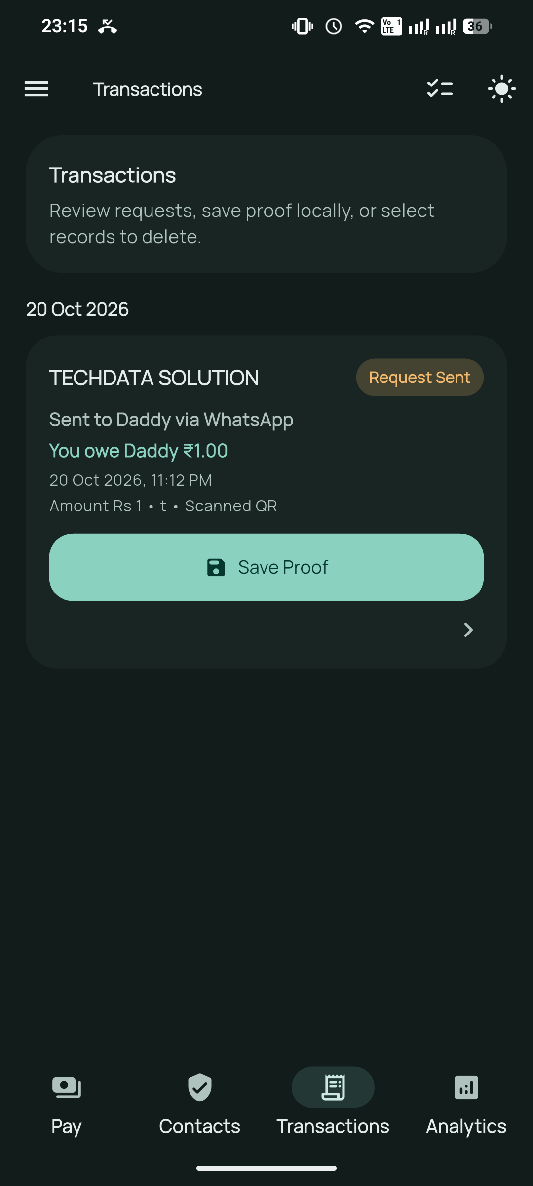 Transactions list with a saved request